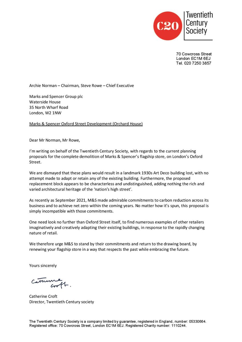 🚨C20 has written an open letter to <a href="/marksandspencer/">M&S</a>, urging them back to the drawing board with their Oxford St plans:
• Stand by your carbon reduction commitments
• Renew &amp; retrofit your flagship store with imagination; respecting the past while embracing the future of retail