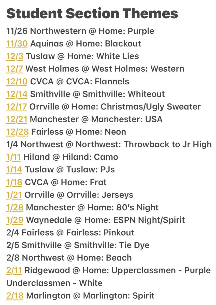 TitanNationSS's tweet photo. here is an updated schedule for the themes for the student section. tomorrow’s theme is white lies! get a white t-shirt and write a lie about yourself in sharpie on the shirt! it is home against tuslaw! come out and support your triway titans💜 https://t.co/ZkQQUX3ggP