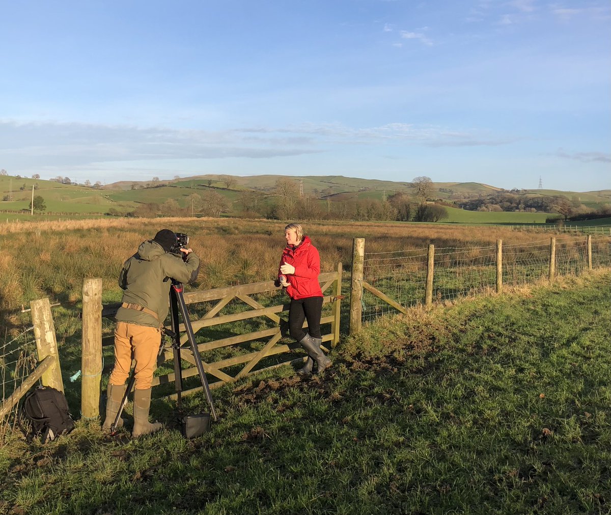 Lovely weather for @hannahITV to be filming here. Reporting on Defra’s announcement on the future of agricultural funding.
A pleasure to show a bit of hedging and nature friendly farming.

*Also, wish I had hung that gate properly 😂🤦🏻‍♂️