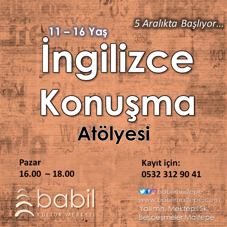 BabilMaltepe's tweet photo. İngilizce Konuşma Atölyesine kayıtlar devam ediyor...
11-16 yaş arası gençlerimizi, Onur Yenihayat yönetimindeki #SpeakingCourse bekliyoruz...
#İngilizce #İngilizceKonuşma #SpeakingCourse #Atölye #BabilKültürMerkezi #Beşçeşmeler #Maltepe https://t.co/oigAWYGaQO
