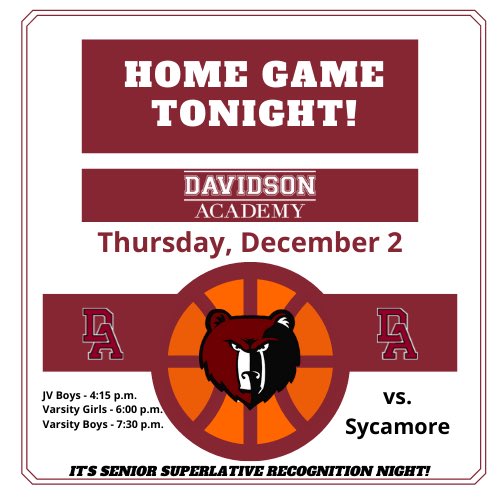davidsonacademy's tweet photo. It’s GAME DAY! DA hoops is at home toDAy vs. Sycamore. Come join us in the gym for Senior Superlative Recognition Night. @DALadyBears @DABoysBB GO BEARS! #theDAway #DAhoops https://t.co/vShzl1zZG0