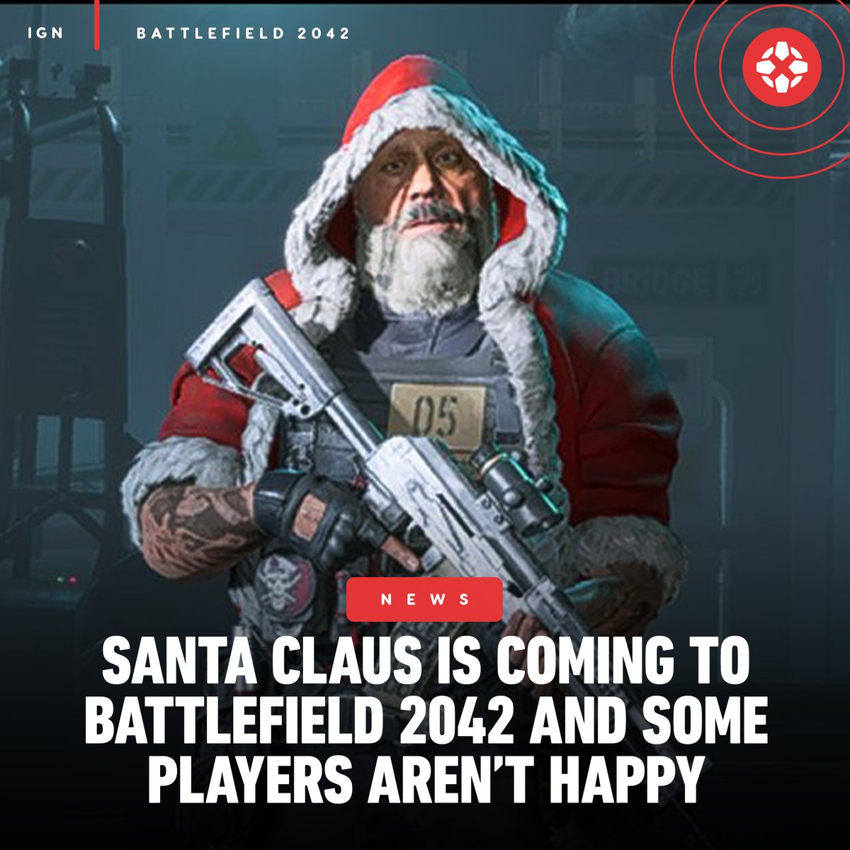 IGN's tweet image. Battlefield 2042 has, possibly inadvertently, revealed some upcoming skins for the game, with the &quot;Father Christmas&quot; skin causing players to discuss whether there is dissonance between the serious tone of the game and the playful nature of the cosmetics. bit.ly/32IKu5A
