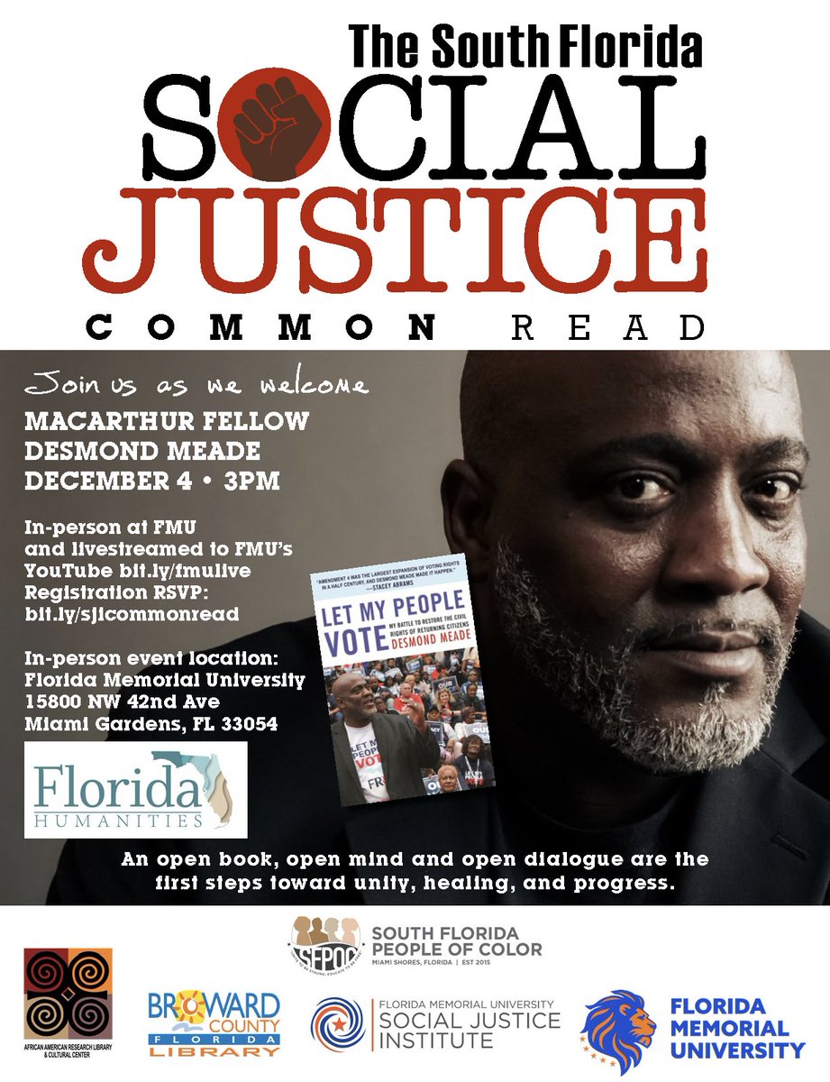 Join us on Dec 4 as #desmondmeade takes us on a journey of his deeply moving, personal story  #LetMyPeopleVote . RSVP: bit.ly/sjicommonread @fmusji @africanamericanresearchlibrary  #unity360 #sfpoc #fact