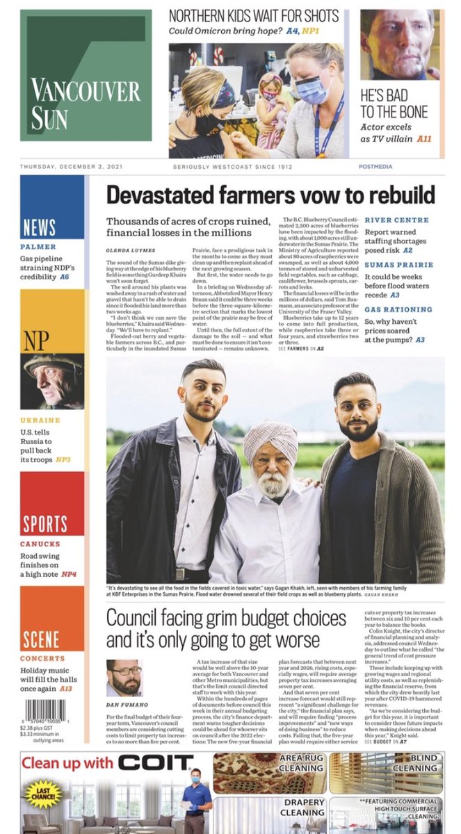 VancouverSun's tweet image. Good morning, on today’s front page: @glendaluymes on the long road ahead for berry and vegetable farmers impacted by floods. Plus, @fumano on the tough choices ahead for Vancouver council over tax increases vs service cuts.