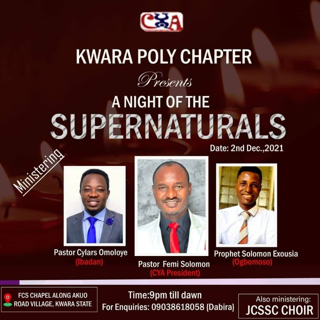 SolomonSamu's tweet image. The Night of Supernatural Program holds this might. #unilorinblog #Kwasu #coedilorin #offapoly #unilorin #kwarapoly #Kwasu Students and those of you residing in Ilorin,find your way to the venue. 
It will be a massive outpouring of God&apos;s Spirit over those Campuses and that land.
