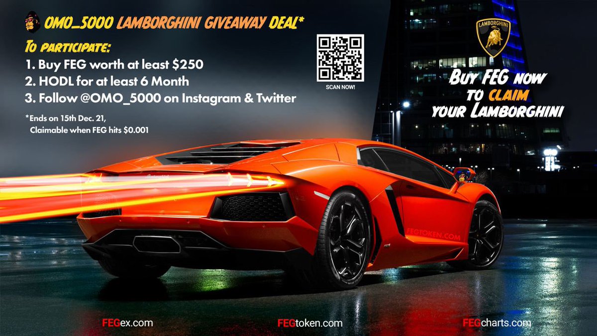 Ste_Cha78's tweet photo. 🚨 FREE LAMBORGHINIS 🚨

Check Out the Lamborghini Giveaway from @Omo5000 

Just Buy $250 worth of FEG &amp; HODL 

#Lamborghini #FEG #ROX #ETH #BTC #NFT #CARS #FREE #BNB #SAFEMOON #SHIBARMY https://t.co/5QjdArpaPV