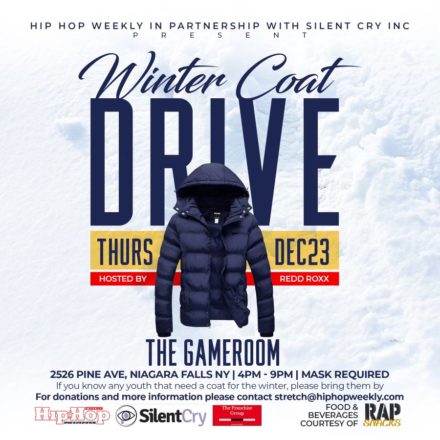 VisionaryMinds2's tweet photo. @HipHopWeekly Winter Coat Drive
โ๏ธโ๏ธโ๏ธโ๏ธโ๏ธโ๏ธโ๏ธโ๏ธโ๏ธโ๏ธโ๏ธโ๏ธ
For donation location and info please contact Stretch via email at stretch@hiphopweekly.com
#HipHopWeekly #CoatDrive #HolidaySeason #TisTheSeason #ItsBetterToGive #UpstateNY https://t.co/OH0RiP7xSp