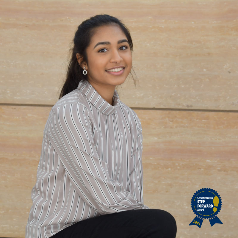 ServeNE's tweet photo. Mahika Kanchanam, a student from @MillardNorthHS is the Youth Volunteer Leadership Honoree at the 2021 #StepForwardAwards! Her volunteer efforts have helped @NebraskaMed, @Food4Heartland, & many more. Next Thurs, join us in celebrating her accomplishments! https://t.co/2Ir2n9m0Cn https://t.co/dPUSLXdSBH