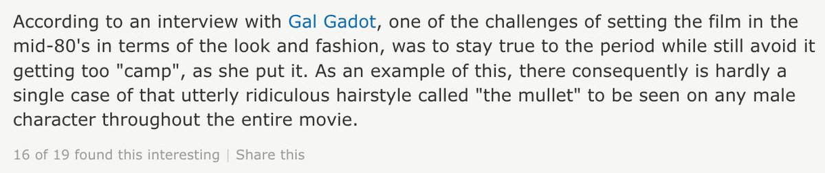 Look, I'm no mullet fan either, but this Wonder Woman 1984 trivia seems a little judgy. https://t.co/7sF5ZArXBj