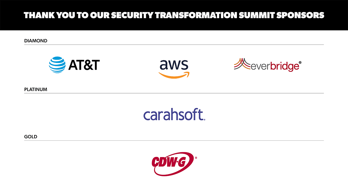 fedscoop's tweet photo. Thank you once again to the #FortinetSecuritySummit sponsors, Diamond: @ATTBusiness, @awscloud, @Everbridge // Platinum: @Carahsoft // Gold: @CDWCorp https://t.co/FPwPwQg8C0
