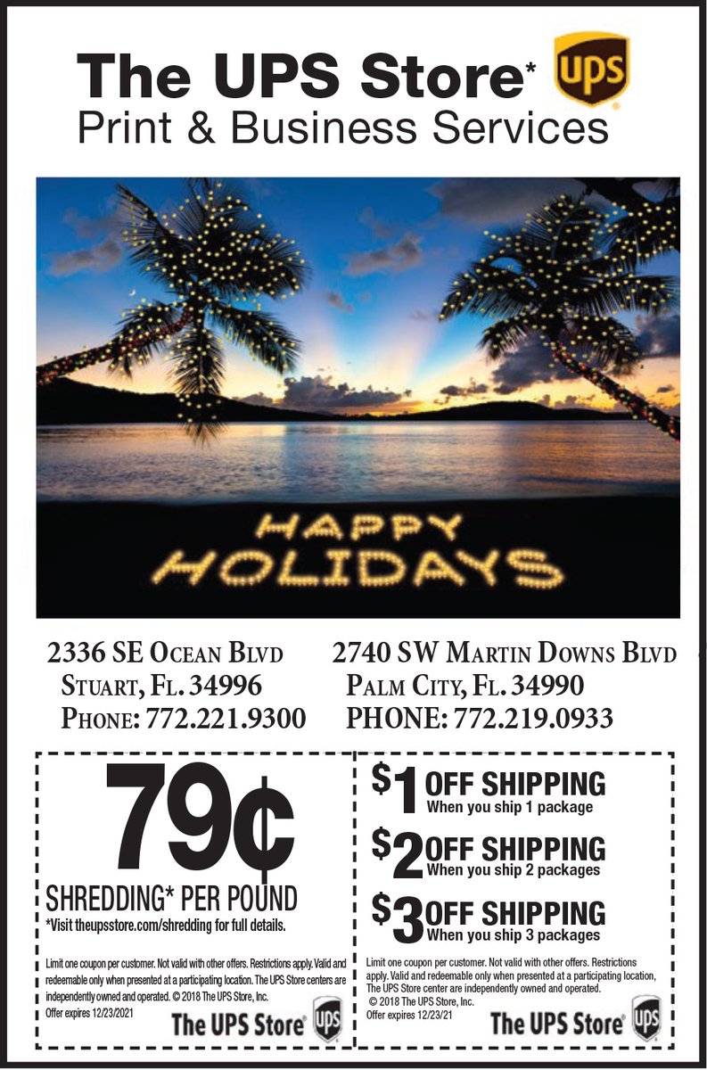 MyLivingMedia's tweet image. Sending gifts for the holidays? Use our coupon for $3 OFF SHIPPING of 3 packages at @TheUPSStore 📦📪🎁

#UPS #Shipping #UPSShipping #Shredding #Shredder #PackageShipping #PrintService #BusinessServices #Mail #PackageDelivery #Mailbox #Coupons #Stuart #PalmCity #PaperShredding