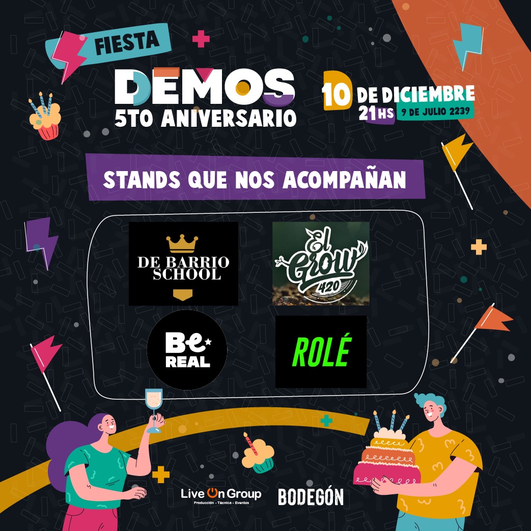 ❤️#CumpleDeDemos ❤️ Se viene una hermosa fiesta con música en vivo, djs, vjs y stands que se suman a festejar con nosotrxs 🎊👏

🎟️Conseguí tu entrada de lunes a viernes de 10 a 14 hs y de 18 a 22 hs en 9 de Julio 2239

📅 Viernes 10/12
🕛 21 hs

¿Te vemos por acá?