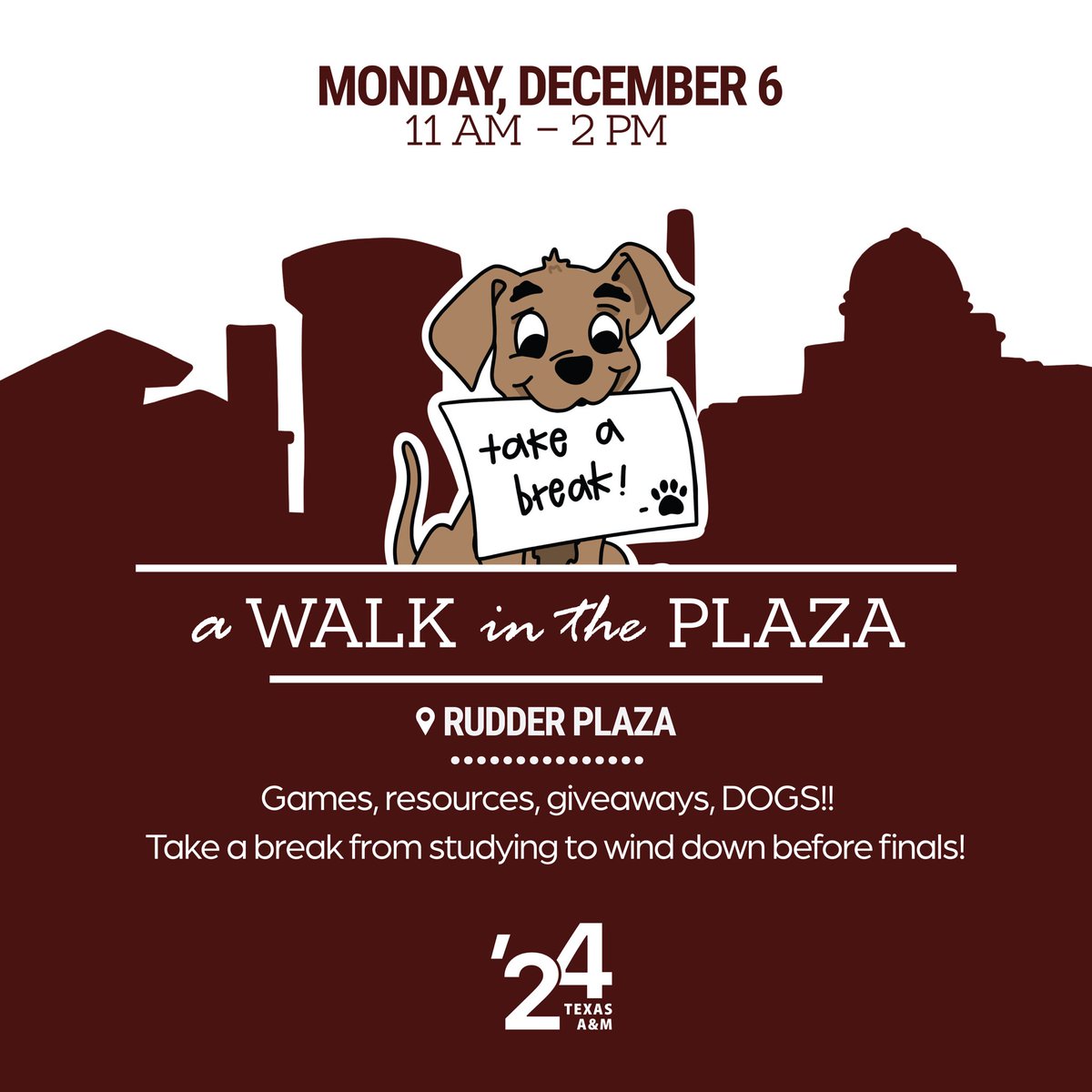 2024aggies's tweet photo. This Monday!! Games! Giveaways! Puppies!! Come relax for a bit and destress from studying for finals, we would love to see you! #tamu #tamu2024 #bthofinals https://t.co/yqPabTf9oK