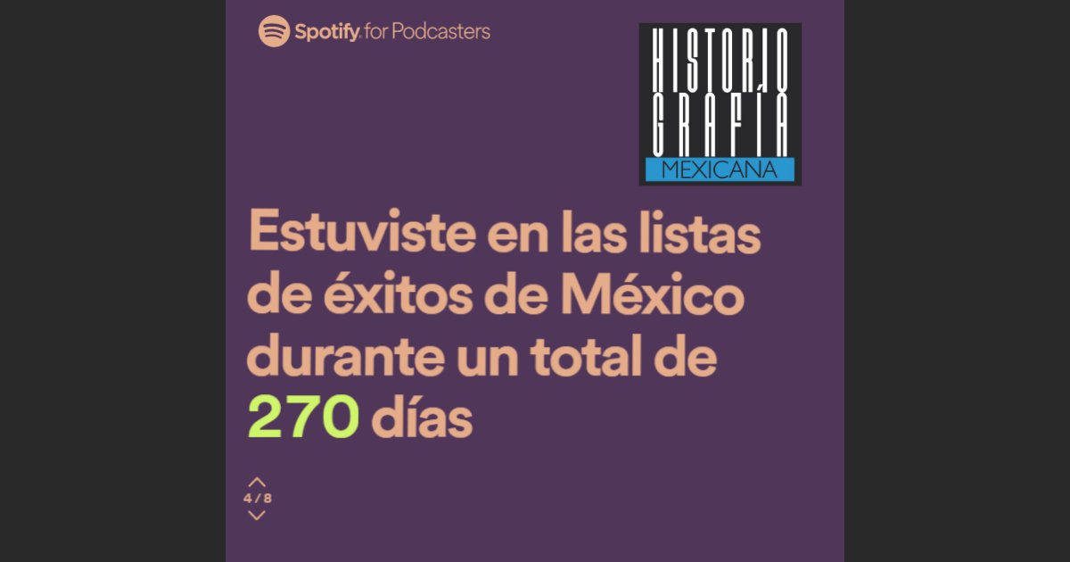 H_Mexicana's tweet photo. ¡Muchas gracias!

Nuestro pódcast Historiografía Mexicana [https://t.co/A9lMBnHIDz] apareció 270 días en las «listas de éxitos de México», en Spotify. Aquí toda la información: https://t.co/Xr3o9H3IWD

#Mi2021EnSpotify https://t.co/O5LeWKNTiM