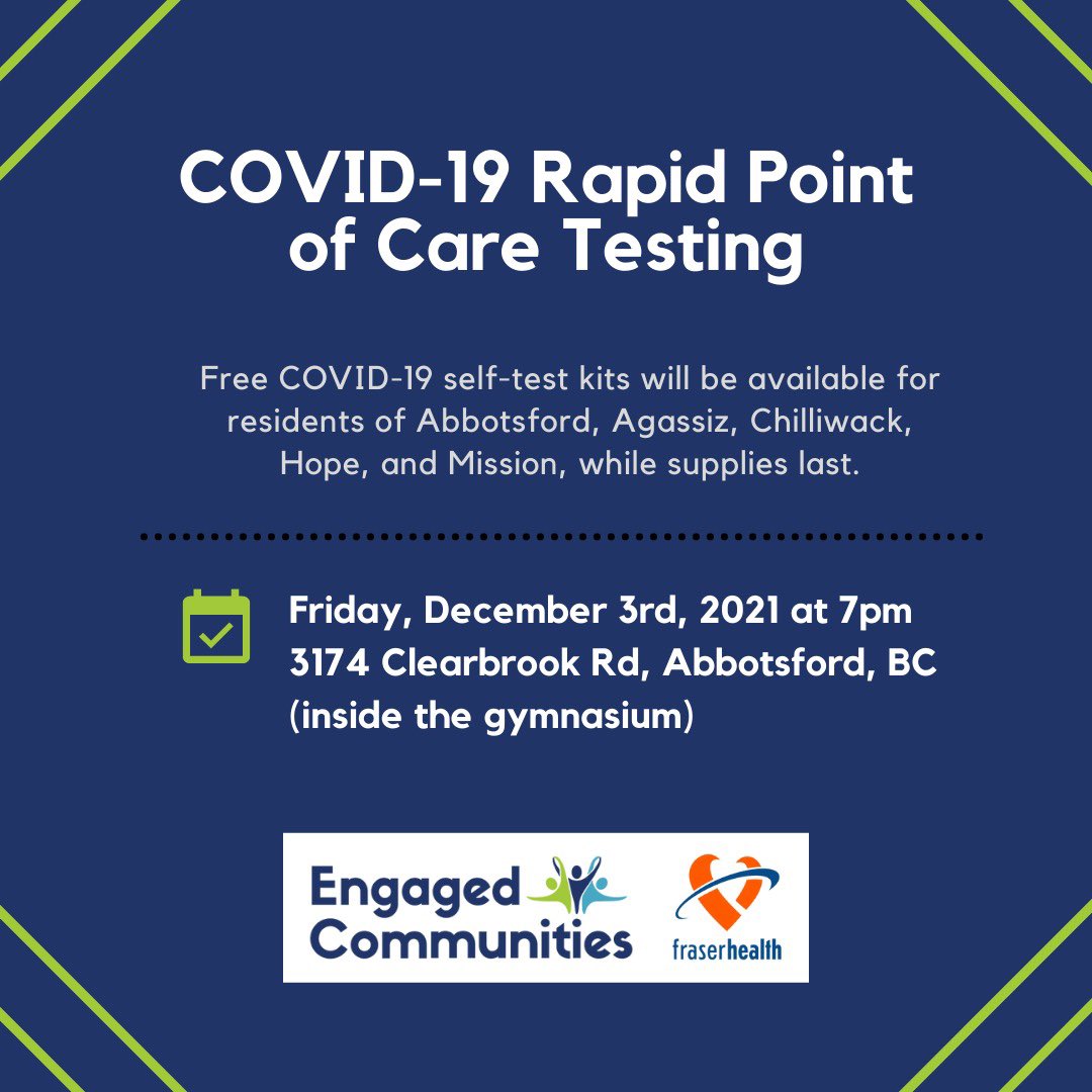 EngagedCommuni2's tweet photo. COVID-19 Rapid Antigen Testing device distribution and usage training will occur this Friday at 7pm for residents of the following communities: 

•Abbotsford
•Mission
•Chilliwack
•Hope
•Agassiz

https://t.co/hTNUw4n44v 

#together #community #publichealth #empowered #equity https://t.co/2ZlHxVrpZc