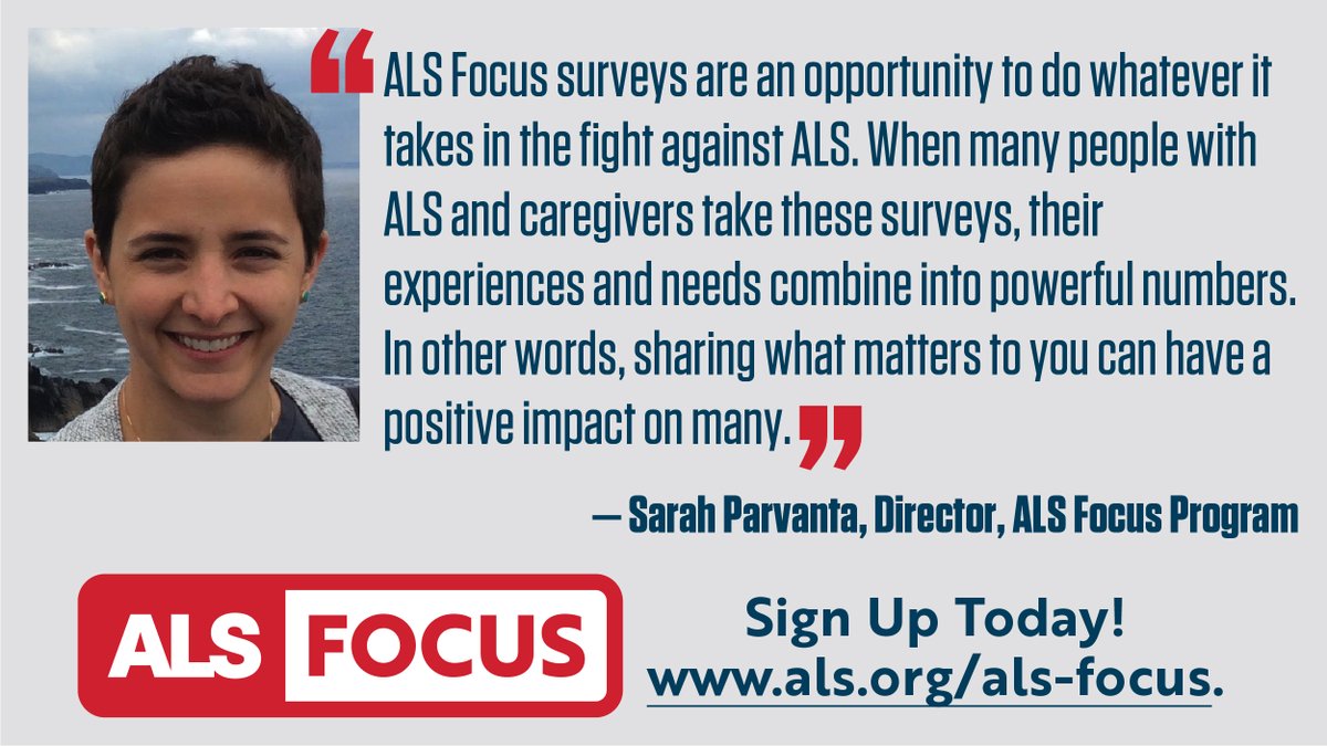 Calling all people living with #ALS & current & former caregivers! Your responses to #ALSFocus surveys translate into action & influence ALS program & policy decisions. The current survey focuses on experiences with mobility equipment. Respond today: als.org/ALS-Focus