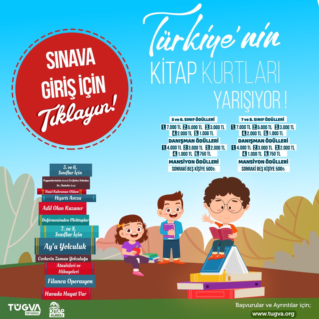 Ortaokullu "Kitap Kurtları" için beklenen haber geldi!

📣 Ön sınavın başlamasına son 1 gün.

📲 Sınava giriş linki: sinav.tugva.org

🔺 Sınav sistemi 3 Aralık saat 09.00'da açılıp, 5 Aralık saat 23.59'da kapanacaktır.