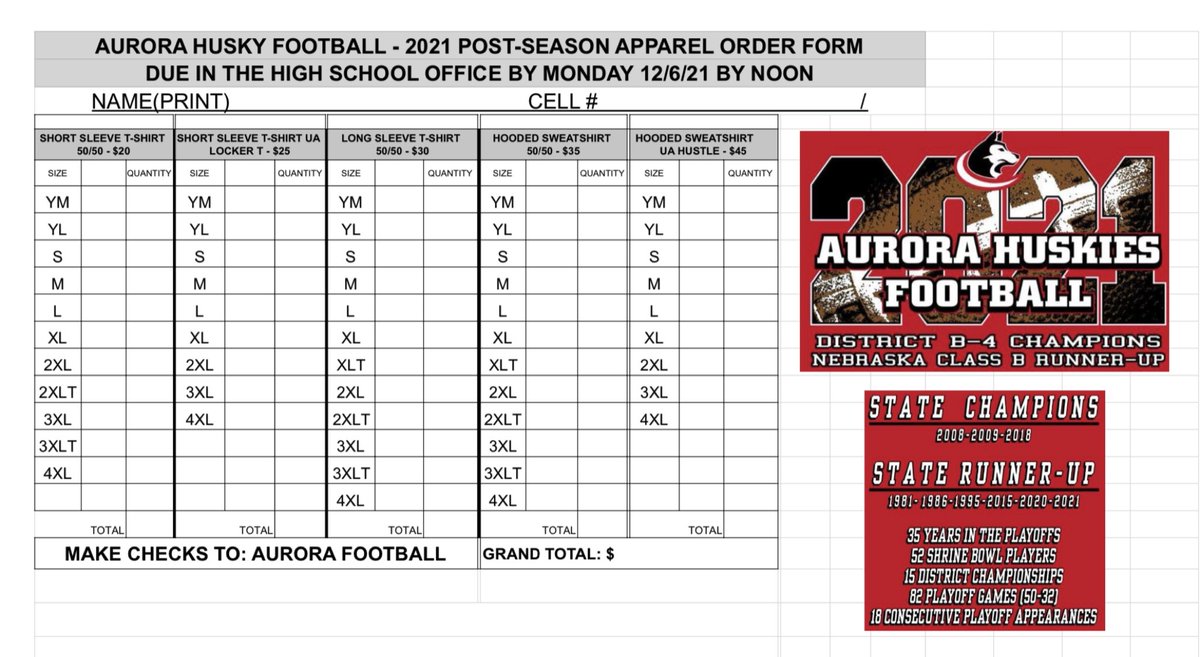 Football Apparel Orders due soon!!
Turn in order form and money to the HS office by 12/6/21.
<a href="/AuroraHuskiesFB/">AHS Football</a>