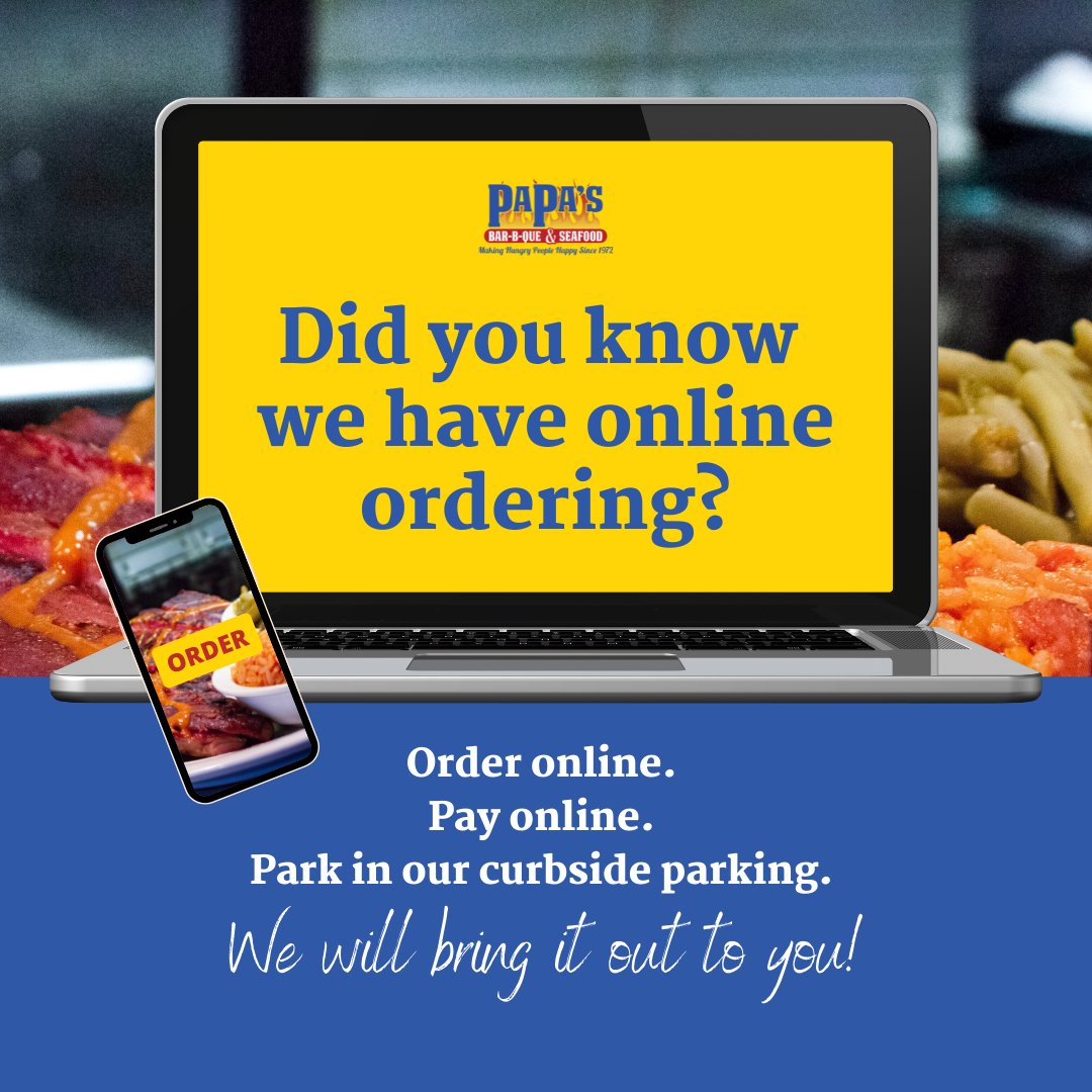 Ordering your favorite meals from Papas BBQ &amp; Seafood has never been easier! 
✨
Order &amp; Pay online: ow.ly/CTDZ50FxCWK
Park in our curbside parking.
WE BRING IT OUT TO YOU! 👍