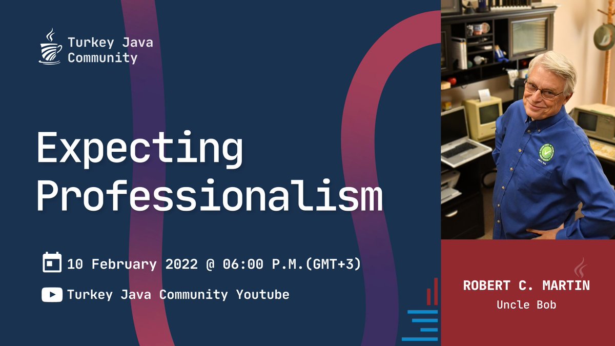 turkiyejavacom's tweet photo. Our new CTO will be @unclebobmartin for 60 mins on Feb 10, 2022 at 6pm GMT+3 during his "Expecting Professionalism" speech with us on #TurkeyJavaCommunity #Youtube channel !!!

Stay tuned to meet @unclebobmartin and to listen his experiences !!!

#SoftwareCraftsmanship https://t.co/rKZonJBu8A