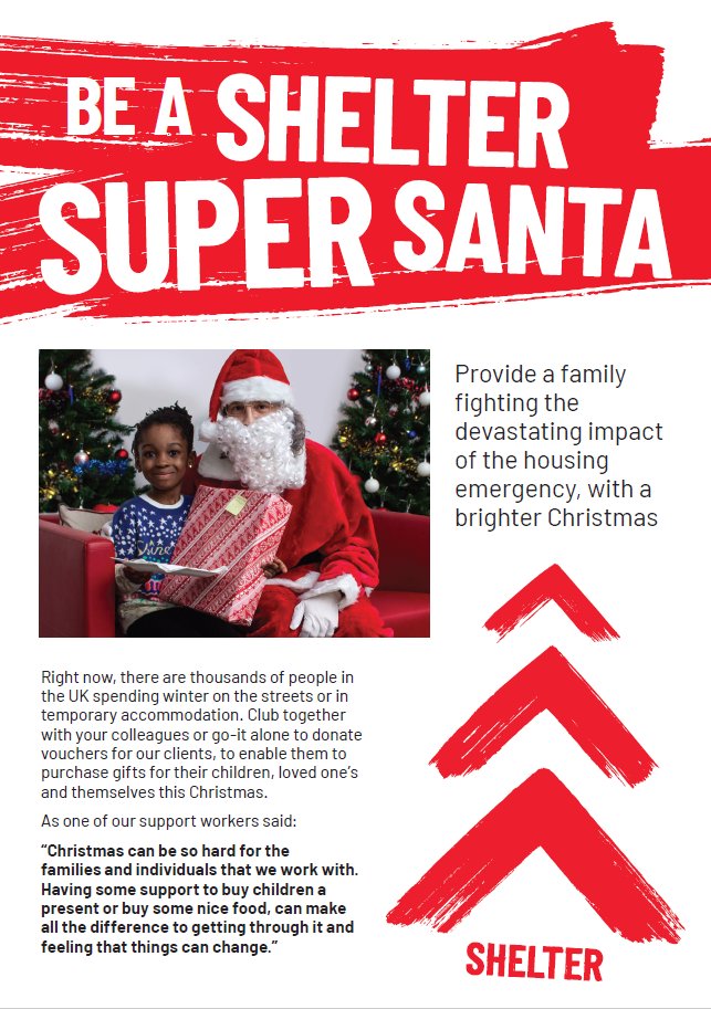 ShelterSHF's tweet photo. Can you help us give someone a happier Christmas? This year Shelter are running a Super Santa campaign to provide vouchers for people we support to enable them to have a gift, or buy a gift for their children and family. Read 👇 to find out how to become a #ShelterSuperSanta!🎄 https://t.co/wRlcMTvSm8