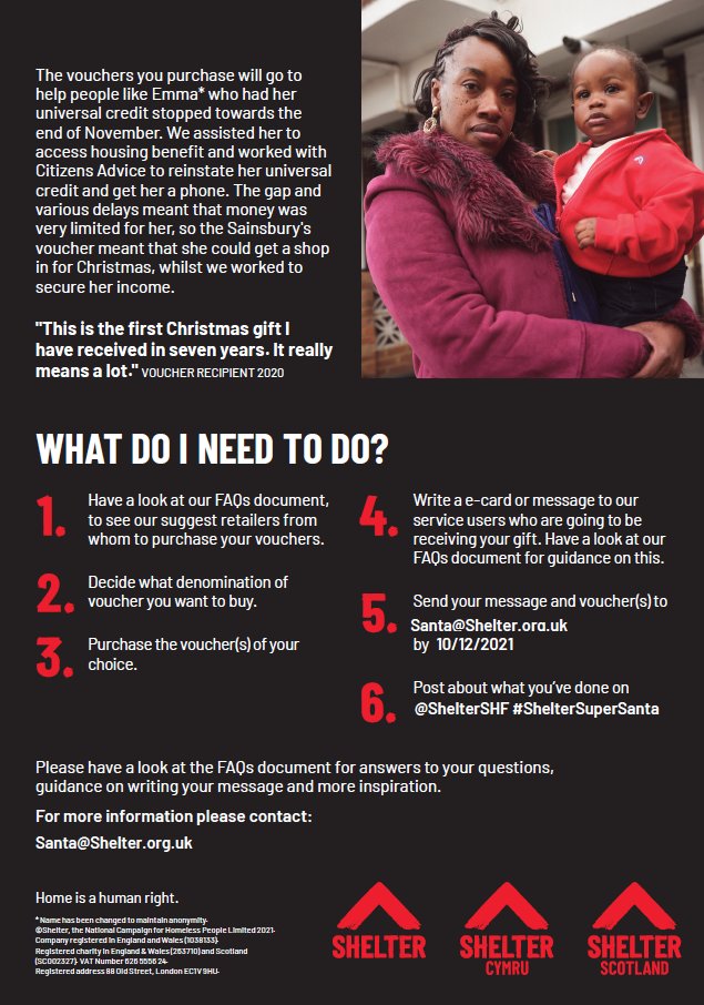 ShelterSHF's tweet photo. Can you help us give someone a happier Christmas? This year Shelter are running a Super Santa campaign to provide vouchers for people we support to enable them to have a gift, or buy a gift for their children and family. Read 👇 to find out how to become a #ShelterSuperSanta!🎄 https://t.co/wRlcMTvSm8