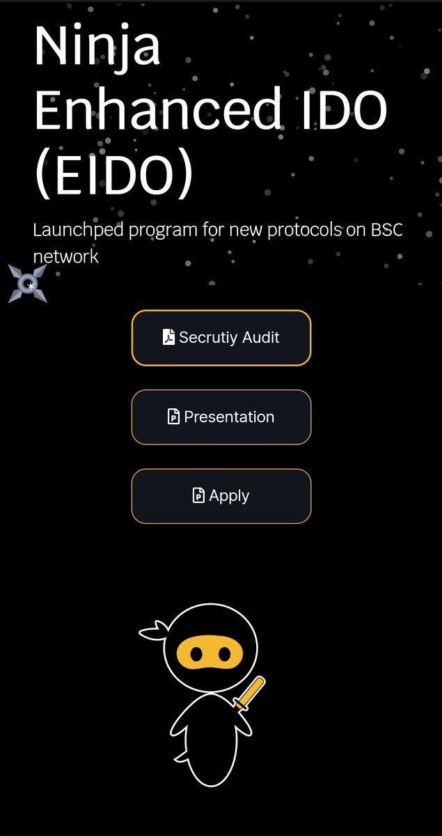 Why spend hours chasing other projects? Have no idea for a project? A must have

Apply for our FREE Enhanced #IDO service. Raise your funds and have your freedom in your own hand

Take your place in the new generation world

#IDO #EIDO #NINJA #BSC #BNB 

ninjaswap.app/ninja-starter