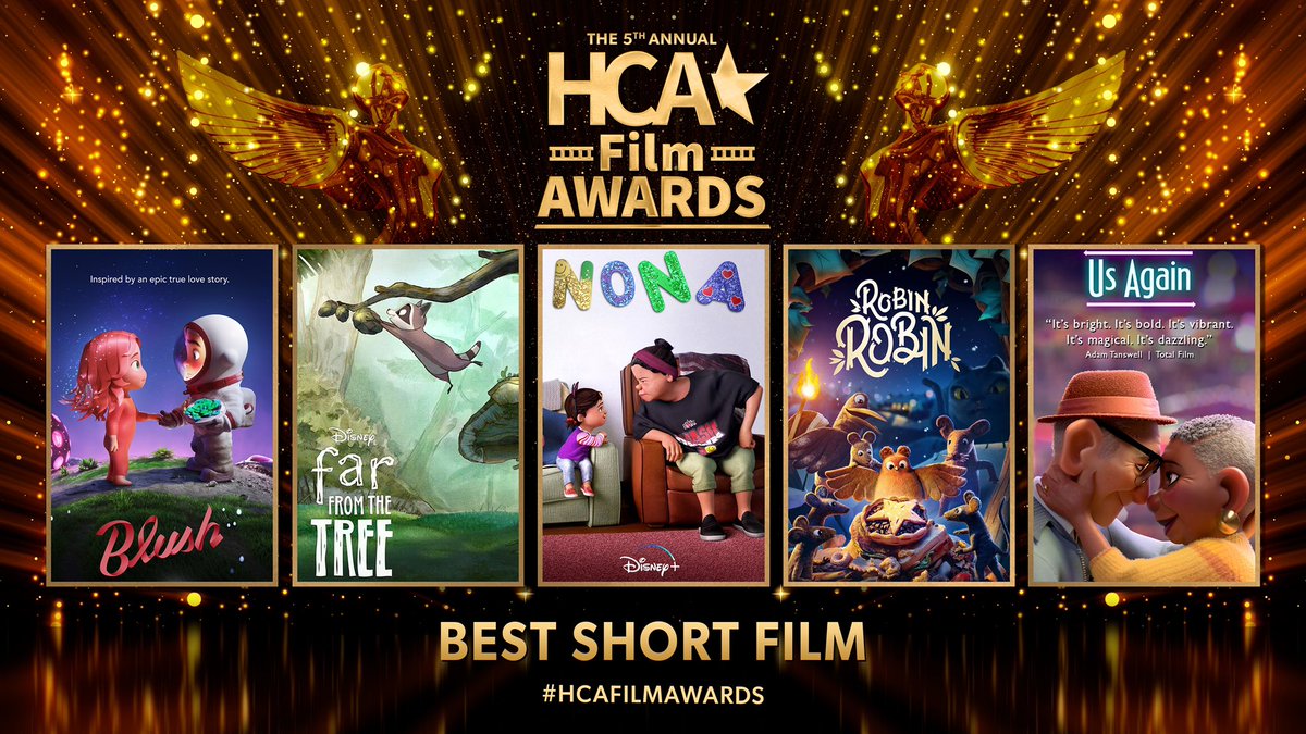 The nominees for Best Short Film are:

#Blush
#FarFromTheTree 
#Nona 
#RobinRobin 
#UsAgain 

#HCAFilmAwards #BestShortFilm #AnimatedShorts #ShortFilm