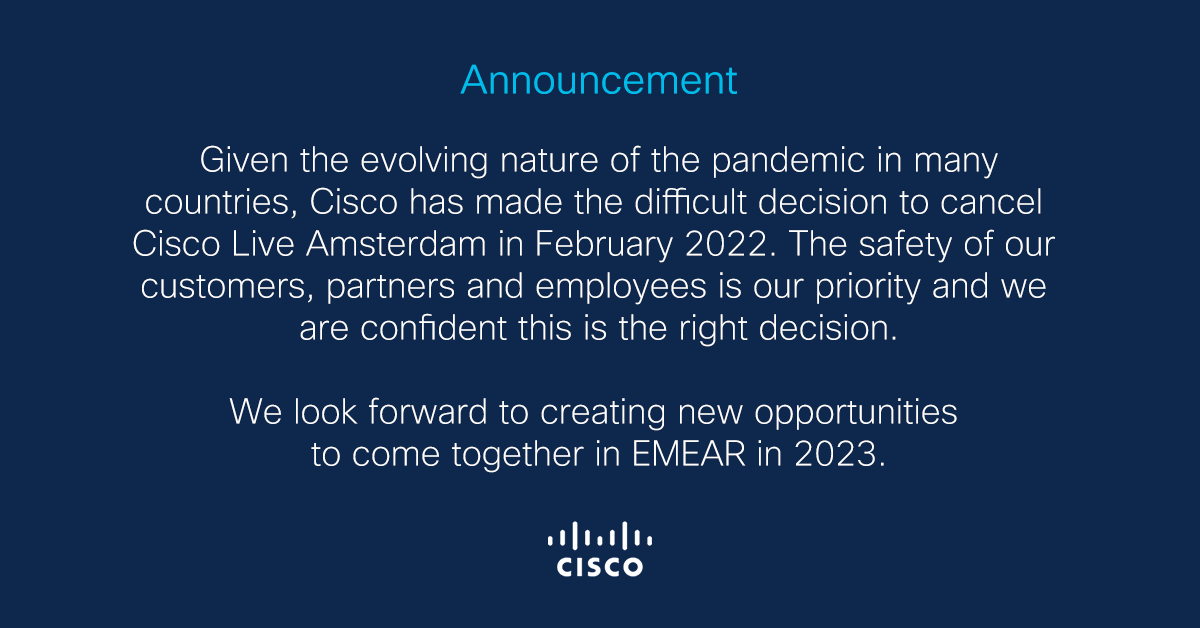 CiscoLiveEMEA's tweet photo. For the full statement and FAQ, please visit our website https://t.co/QibSobR6Ya
#CiscoLiveEMEAR https://t.co/8KT0xs6sOV