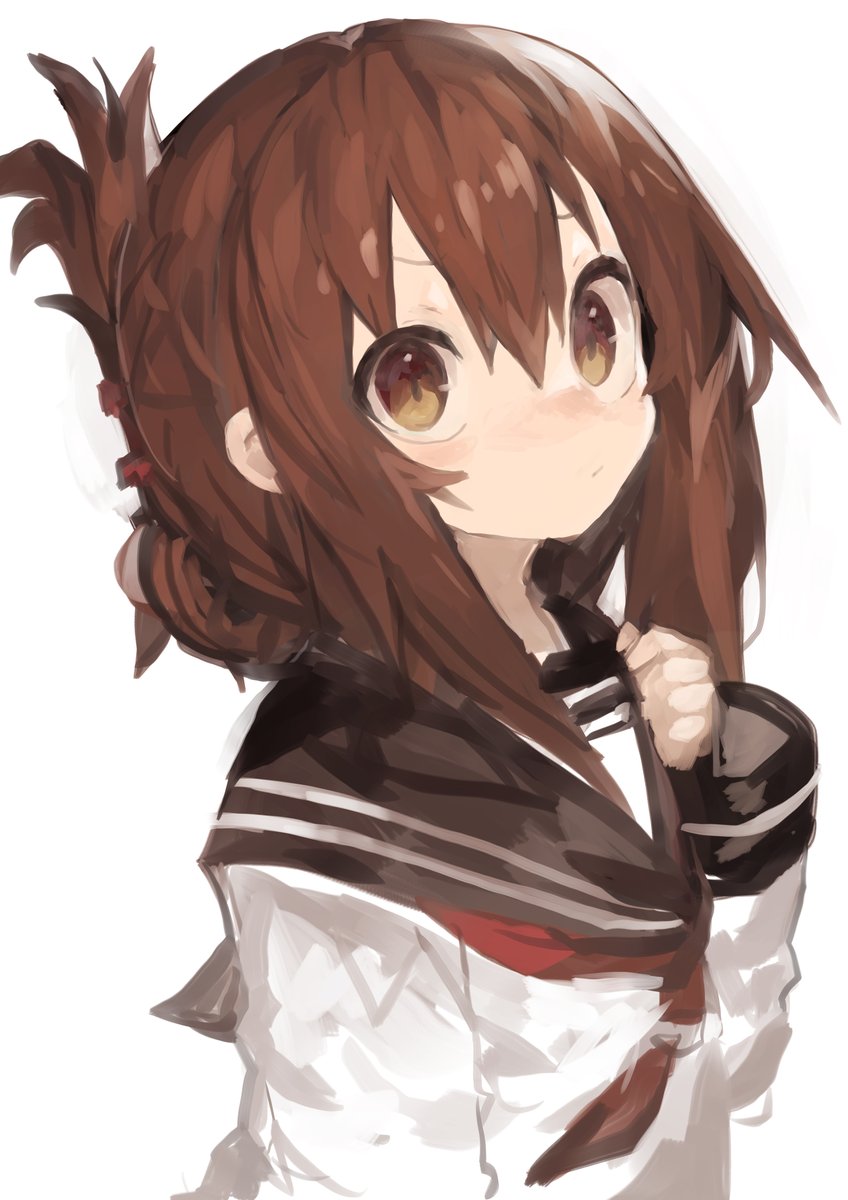inazuma (kancolle) 1girl solo folded ponytail brown hair school uniform serafuku simple background  illustration images