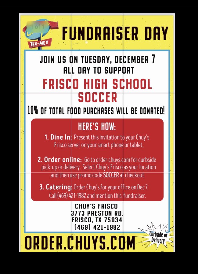 FriscoHighPTSA's tweet photo. Support FHS Soccer by eating at Chuys all day on December 7. See the attached flyer for details. Thanks in advance for your support! ⚽️ 💙 💛 🦝

@FriscoHighPTSA
@FHSRaccoons 
@FriscoHSSports 
@friscohighband https://t.co/kddk9mvXOS