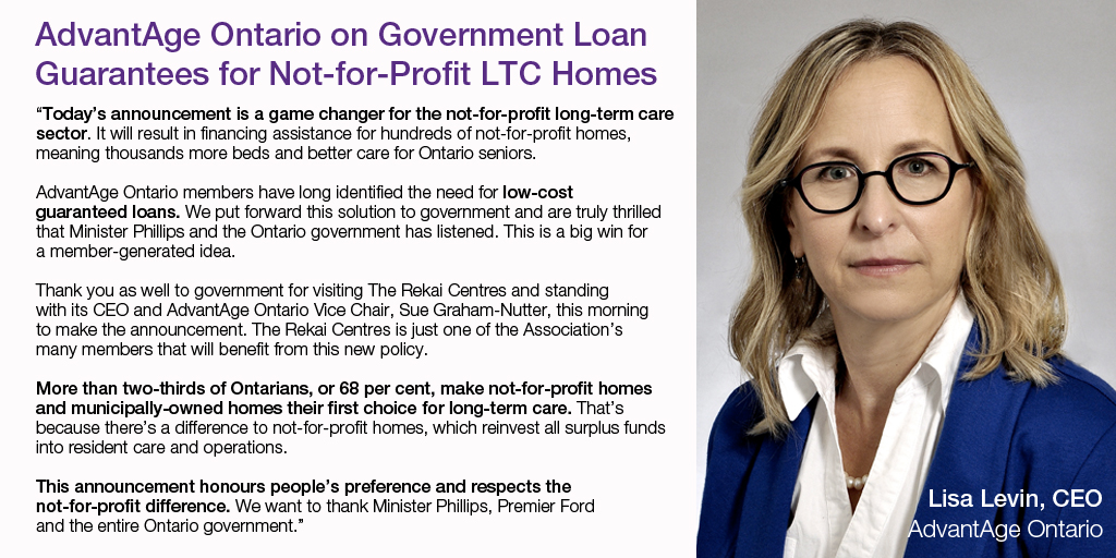 AdvantAgeOnt's tweet photo. Today’s announcement is a game changer for not-for-profit #longtermcare. It will result in financing assistance for hundreds of NFP homes, meaning better care for #seniors. Full statement: https://t.co/pDoxhft8I6
#onpoli #TheDifferenceMatters @RodPhillips01 @ONgov @fordnation https://t.co/EVcz6LOL6z
