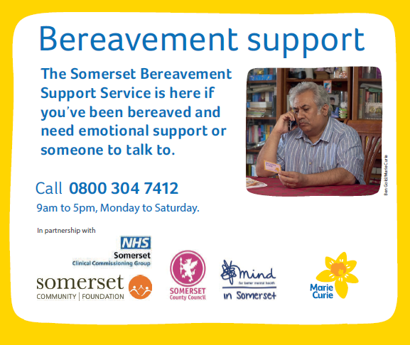 When someone close to you dies, it can help to talk. Call the Somerset Bereavement Support Service on 0800 304 7412 for advice, emotional support or simply someone to talk to. Provided in partnership by @mariecurieuk & @MindinSomerset