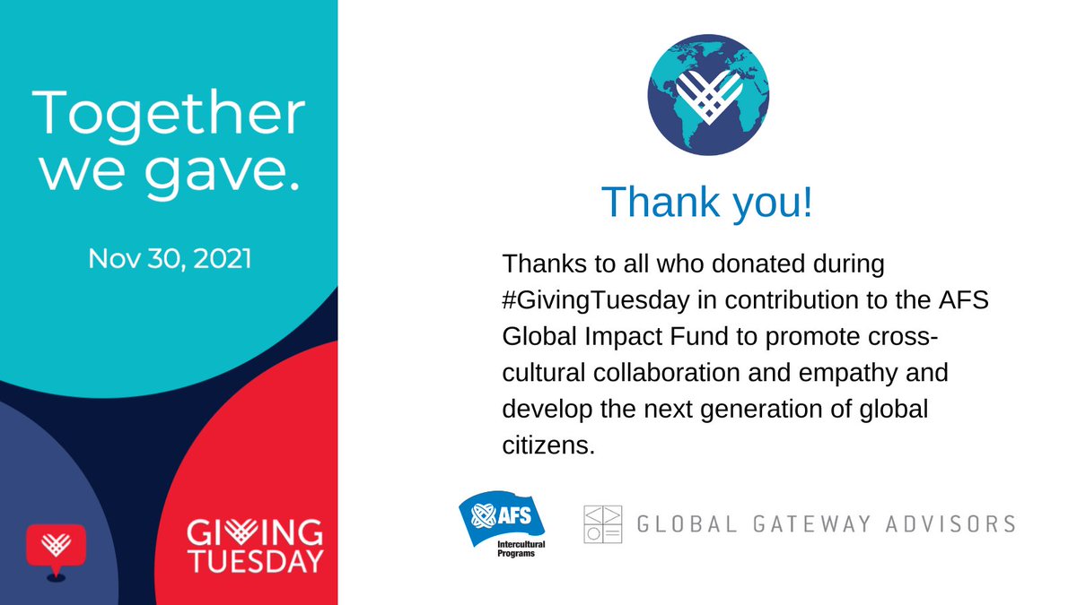 GG_Advisors's tweet photo. Thank you to all who donated for #GivingTuesday! 

With your help, Global Gateway Advisors and @AFS raised $15,600 to help drive global change for a just world 🎉 https://t.co/q9emQqHdqE