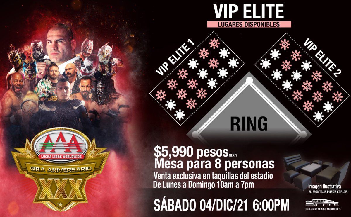 mmdeportesmx's tweet photo. ⚠ ¡NO DESAPROVECHES! ⚠

Asiste a #TriplemaníaRegia 🤼 este sábado en el Palacio Sultán 🏟

¡Últimos lugares en zona VIP ELITE junto al ring 🎟! https://t.co/afwEjnfXPN