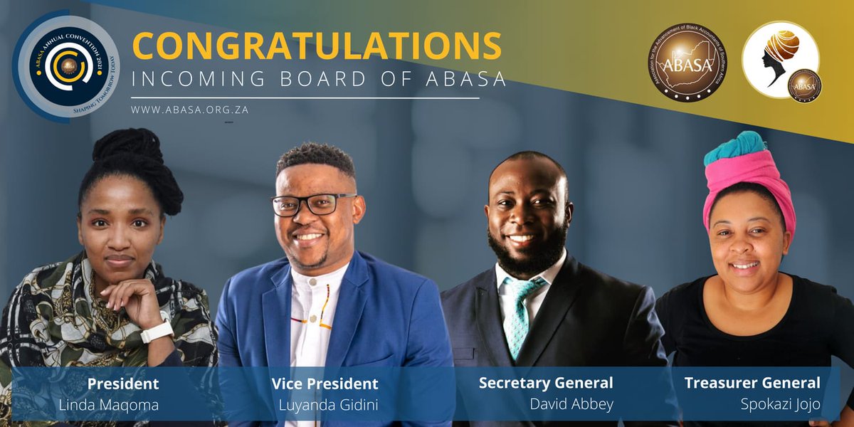 ABASA_National's tweet photo. ABASA has held their AGM and officially elected their new Board effective 2 December 2021.
Congratulations go out to President Linda Maqoma; Vice President Luyanda Gidini; Secretary General David Abbey and Treasurer General Spokazi Jojo. We wish them all the best in their tenure. https://t.co/Bf9WDgECkx