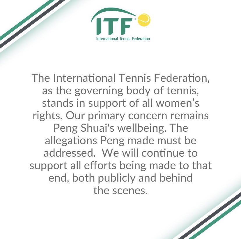 BenRothenberg's tweet photo. Statements just now from the ATP and ITF, neither of which follow the WTA’s decisive action in suspending tournaments in China.

Neither statement even uses the word “China”!

Flaccid stuff. https://t.co/8gHiJJ7eoq