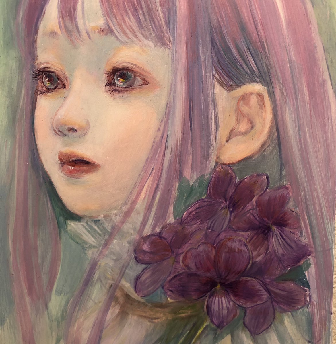 1girl solo flower long hair pink hair portrait purple flower  illustration images