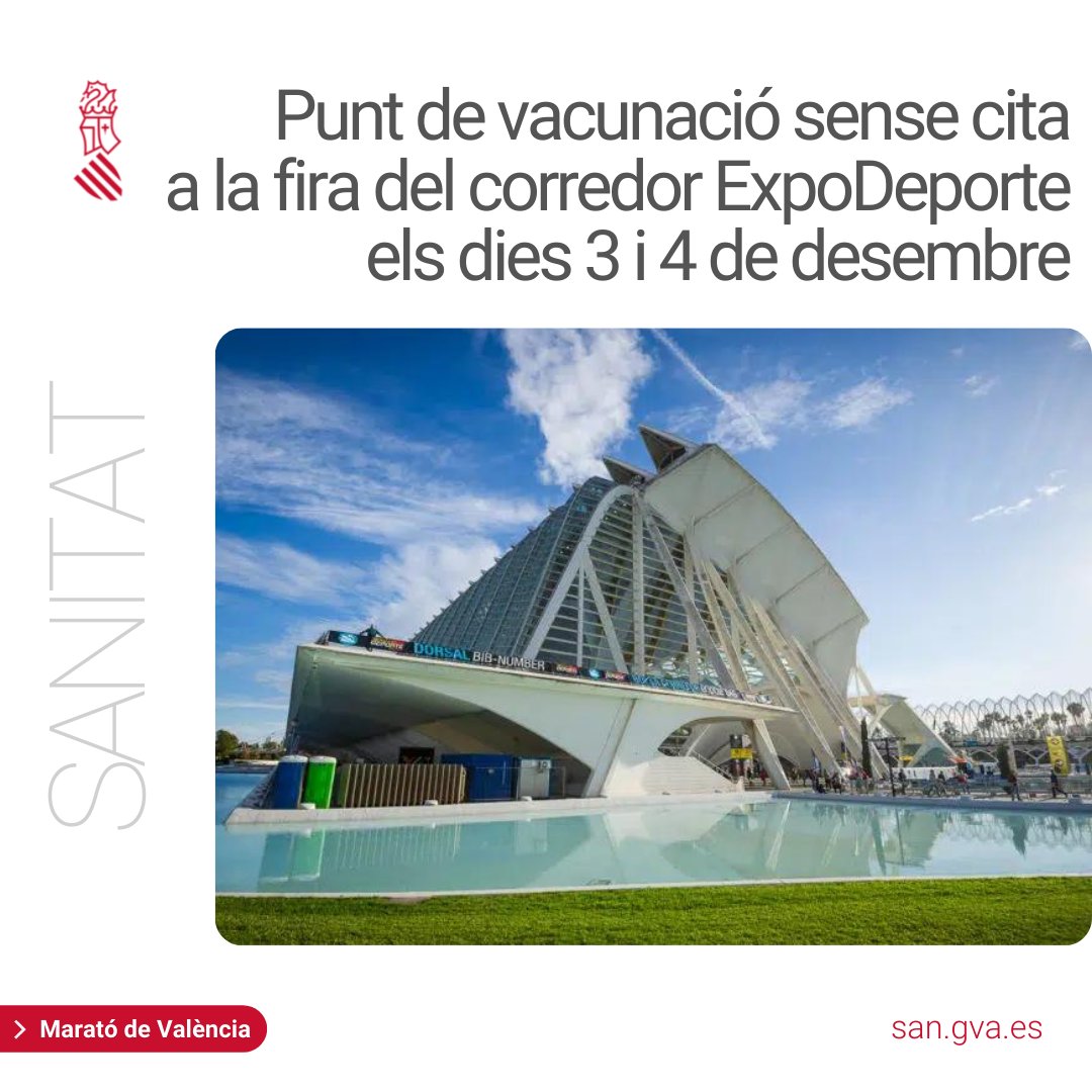 GVAsanitat's tweet photo. 📌💉 Si no t'has vacunat, si no tens la pauta completa o si estàs pendent de la dosi de reforç, nou punt sense cita a #València.
🏃♀️ Estarà en la fira #ExpoDeporte (@maratonvalencia), al costat del Museu de les Ciències.
📆 3/12, de 10h a 14h i de 17h a 20h
📆 4/12, de 10h a 14h https://t.co/OSpaKwk0Re