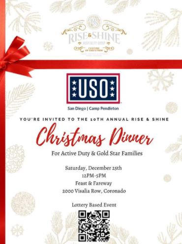USOSanDiego's tweet image. Thank you to Rise and Shine Hospitality Group, we invite you join us for a Christmas Dinner!
*Lottery Based Event*
Saturday, December 25th | 12PM-5PM
Feast & Fareway
2000 Visalia Row, Coronado.
Please view link for registration and details: forms.gle/EF9MB5KEpQvtpF…
