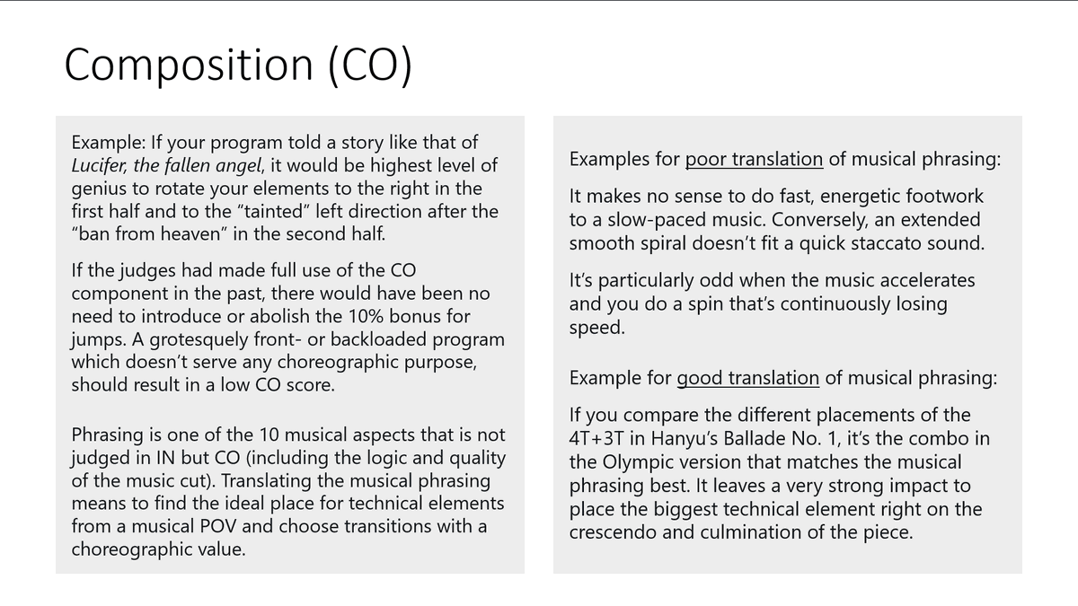 Henni147's tweet photo. Update: I decided to compile the content of the thread in two posts, so that it has reasonable length.
First part: Skating skills, transitions, performance and a detailed breakdown about the composition score with some selected examples:
#PCSBreakdown https://t.co/nVtguQxqZp
