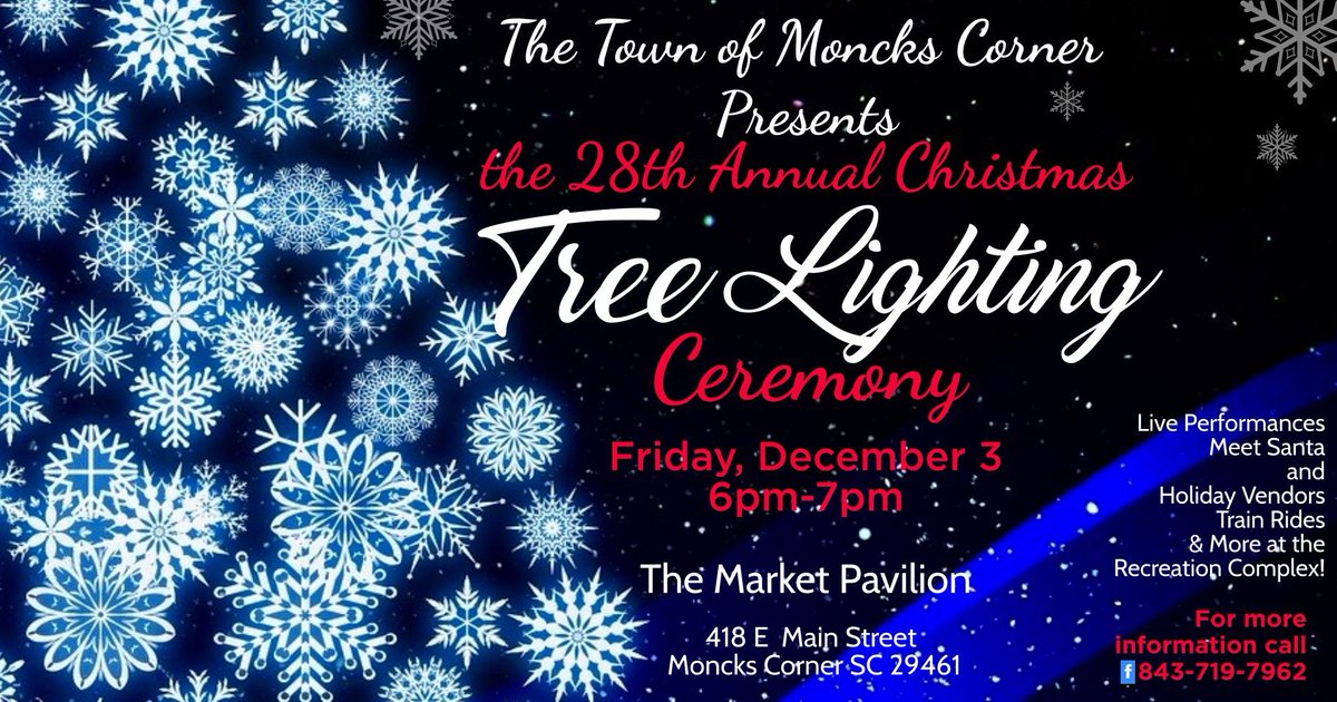 FBPlantation's tweet photo. Kick-off the holiday season at the @Moncks_Corner 28th Annual Christmas Tree Lighting tomorrow! 🎄🌟 Enjoy carnival rides, MoCo Locomotive Train Rides, s'mores, hot chocolate, food trucks, christmas shopping and visits with Santa and the Grinch. https://t.co/WNw2mptCz3 https://t.co/WRarUf1nXm