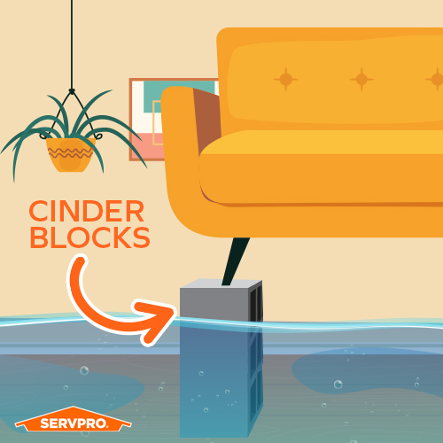 With water damage or flooding, it's common to feel hopeless. Limit damage by elevating your furniture from the ground with cement blocks.
