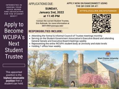 WCU_SGA's tweet photo. Interested in applying to be the next Student Trustee? Applications are now open and you can email Erin Kaliszak for more information! #studenttrustee #wcupa #passhe #trustee https://t.co/f6gGB7YjcU