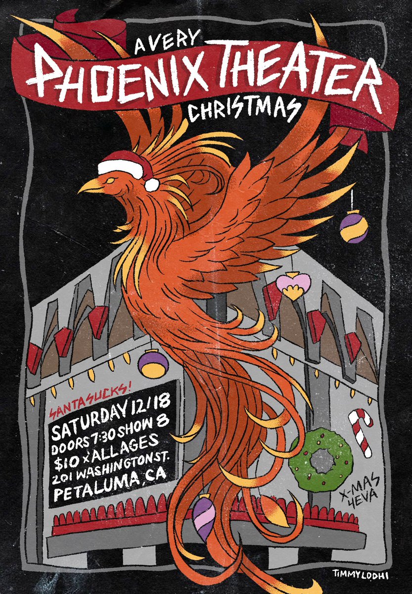 A Very Phoenix Theater Christmas featuring The Jellyfish Method, Trestles, Schlee, Map Quiz, Moms With Bangs, Matt Jaffe, Bad Thoughts, The Sandeens, Tisha Coates and friends, Weird Mood, Warning? and Eject Button on Saturday 12/18/21 (artwork by <a href="/timmylodhi/">Timmy Lodhi</a>)