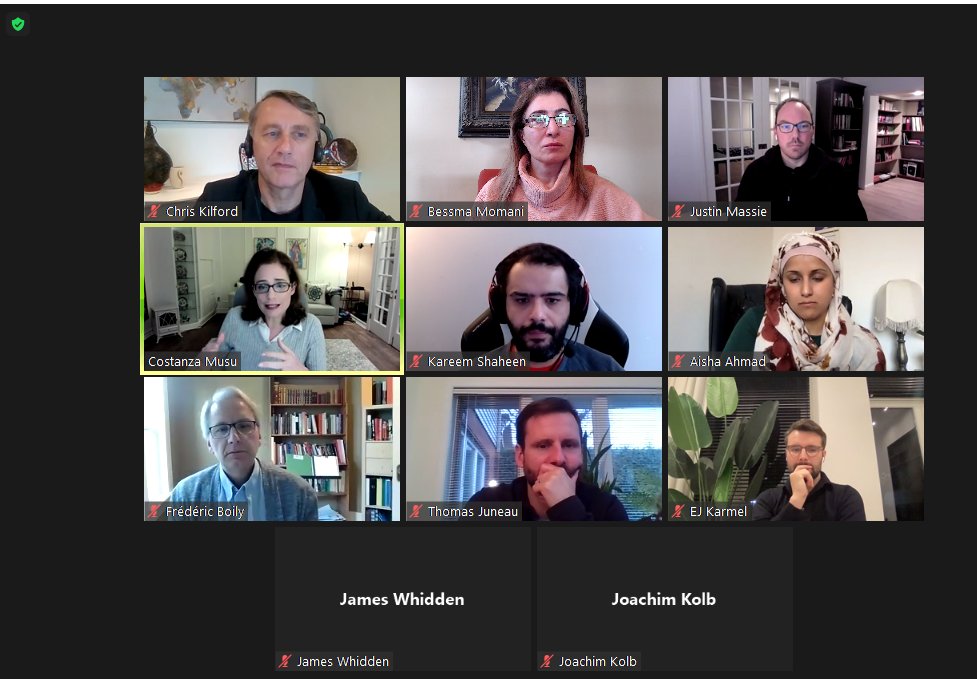 b_momani's tweet photo. @MESA_1966 discussing our new co-edited volume, @thomasjuneau and I are listening to colleagues recap their excellent chapters. Sponsored by @DSF_Group, the book will be available here soon: https://t.co/kUeehRp9PQ. Thx to @kshaheen &amp; @ProfAishaAhmad for discussant feedback. https://t.co/NKx4bT1Afr