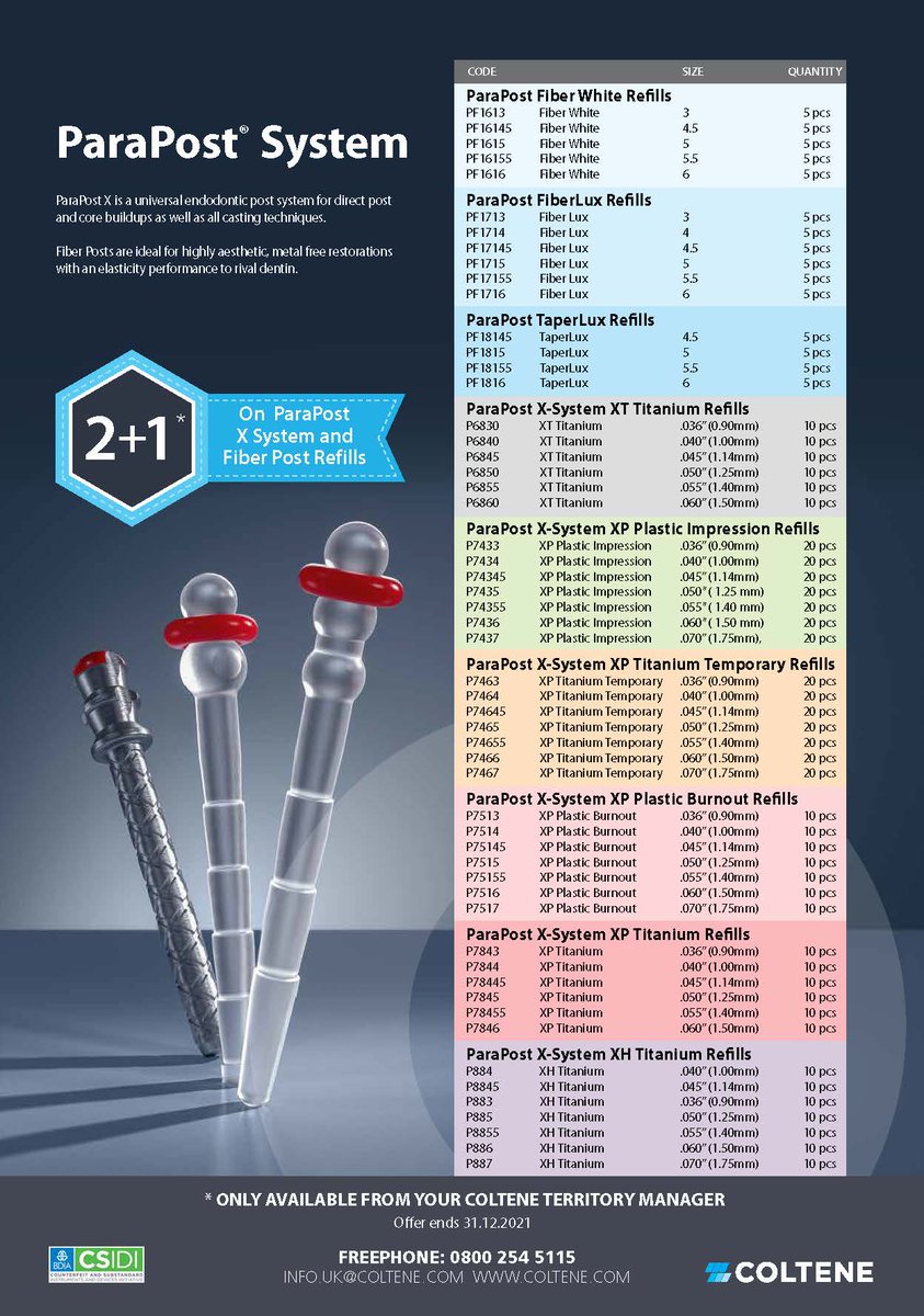 Exclusively from your COLTENE territory manager this December.
2+1 on ParaPost X-System and Fiber Post refills. 

We’re here to support your business.

#coltene #upgradedentistry #micromega #scican #henryschein #dd #wrights #trycare #dentalsky #dmi #bfm #fmc #offers #promotions