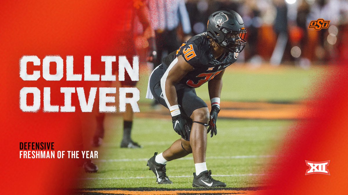 Big12Conference's tweet photo. 🏈 #Big12FB 𝘿𝙚𝙛𝙚𝙣𝙨𝙞𝙫𝙚 𝙁𝙧𝙚𝙨𝙝𝙢𝙖𝙣 𝙤𝙛 𝙩𝙝𝙚 𝙔𝙚𝙖𝙧

Collin Oliver, @CowboyFB 

📰 https://t.co/taRbx9Y8fV https://t.co/37np0lL4us