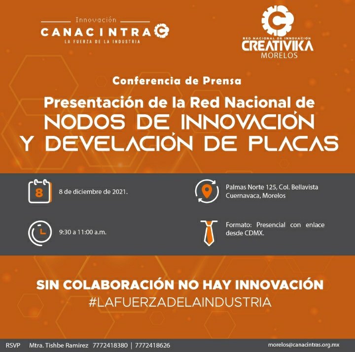 morcanacintra's tweet photo. #Imperdible Acompáñanos a la presentación de la Red Nacional de Innovación Creativika Morelos 

Miércoles 8 de diciembre 9:30 AM. Confirma tu asistencia al correo morelos@canacintra.org.mx https://t.co/gwjB8nBkQI