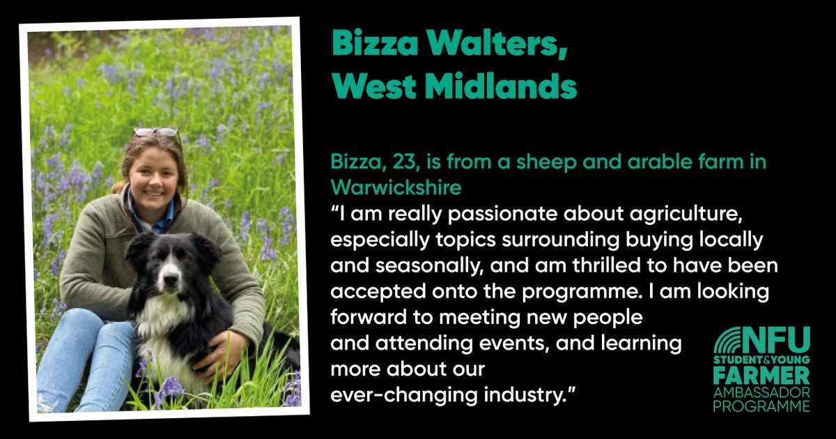 studentfarmer's tweet photo. We'll be introducing each of the 2022 ambassadors over the next week.
First up is Bizza Walters, one of our two West Midlands representatives!
#NFU #youngfarmer #syfap #futureoffarming #futurefarmers #agriculture https://t.co/c1yhxgTO1o